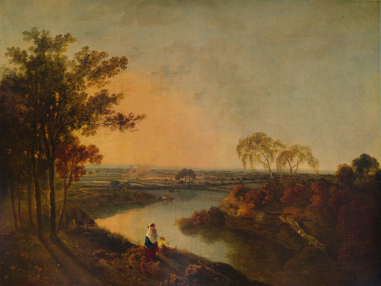 En engelsk flod ved solnedgang, i det fjerne de walisiske bakker, c1760, 1938 af Richard Wilson
