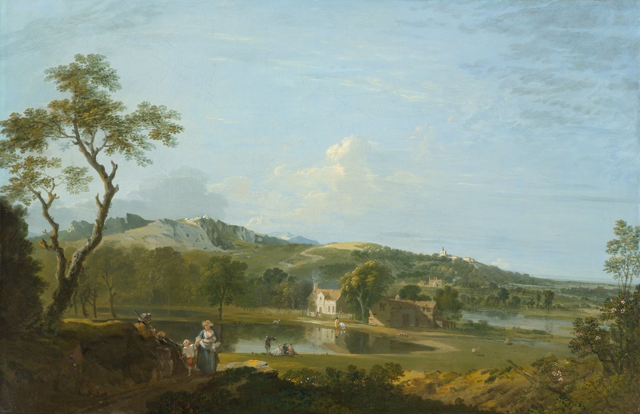 Et omfattende landskab med hytter nær en sø, omkring 1744-1745 (olie på lærred) af Richard Wilson