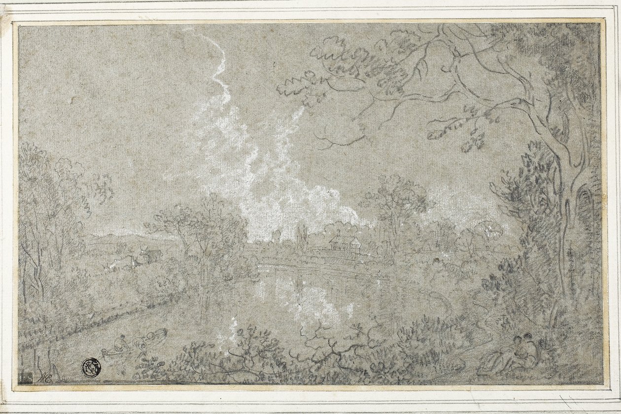Banks of the River Dee nær Eaton Hall, Cheshire, ca. 1759 (sort-hvidt kridt på blåt lagt papir, lagt ned på kort) af Richard Wilson