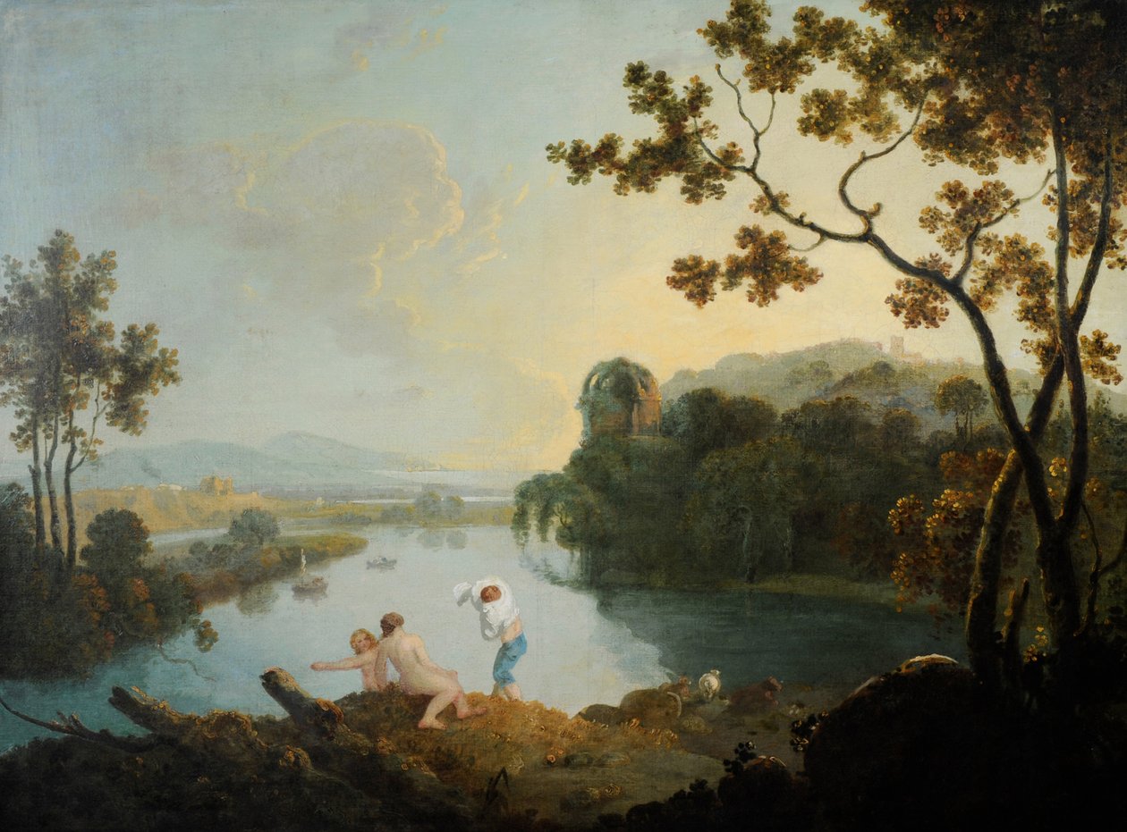 Klassisk landskab med drenge der bader (olie på lærred) af Richard Wilson