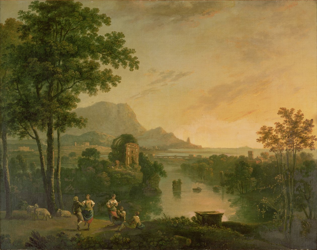Kystlandskab om aftenen med hyrder og hyrdeinder, der danser af Richard Wilson