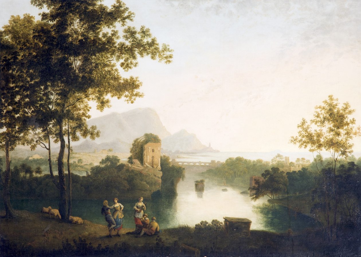 Aften ved River Mouth with Peasants Dancing (olie på lærred) af Richard Wilson