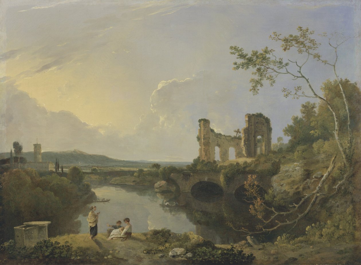 Italiensk landskab (morgen), ca. 1760-65 (olie på lærred) af Richard Wilson
