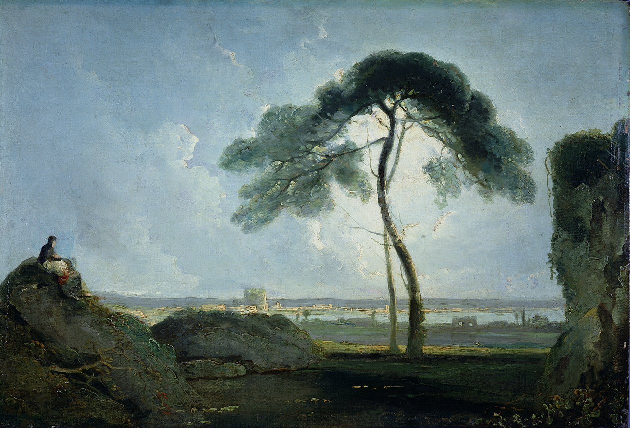 Italiensk landskab med stenfyr (olie på lærred på egetræspanel) af Richard Wilson