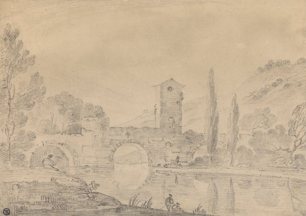 Italiensk landskab med trebuet bro, brohus, figurer på nær bredden og popper på den fjerne bred af Richard Wilson