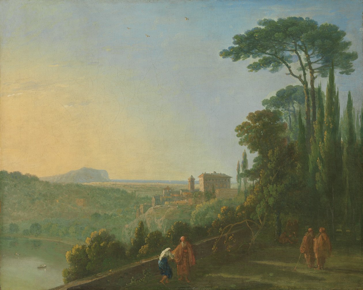 Nemi-søen og Genzano fra terrassen til Capuchin-klosteret, ca. 1756-57. af Richard Wilson