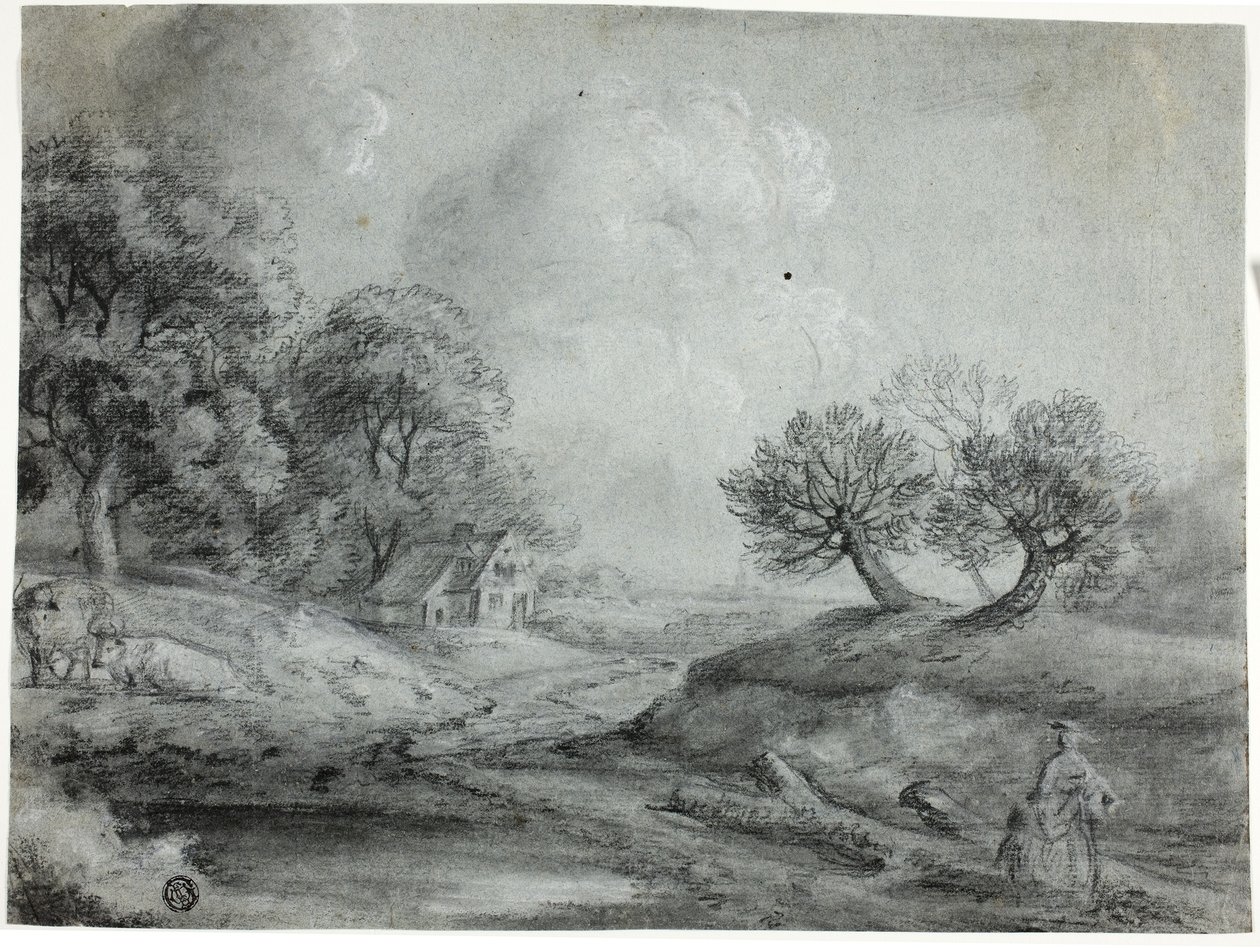 Landskab med kvinde og køer (sort kridt med stumpning, forhøjet med hvidt kridt, på blåt lagt papir) af Richard Wilson