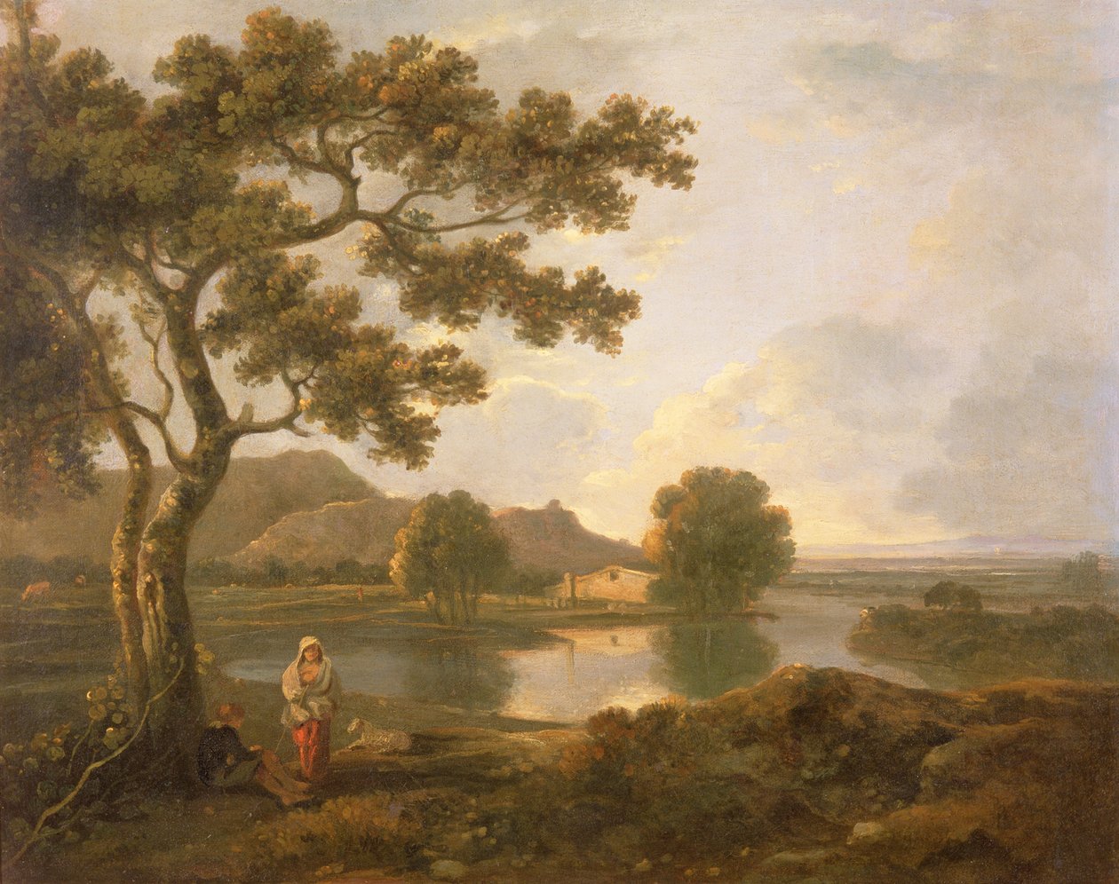 Flodscene med et bondehus (olie på lærred) af Richard Wilson