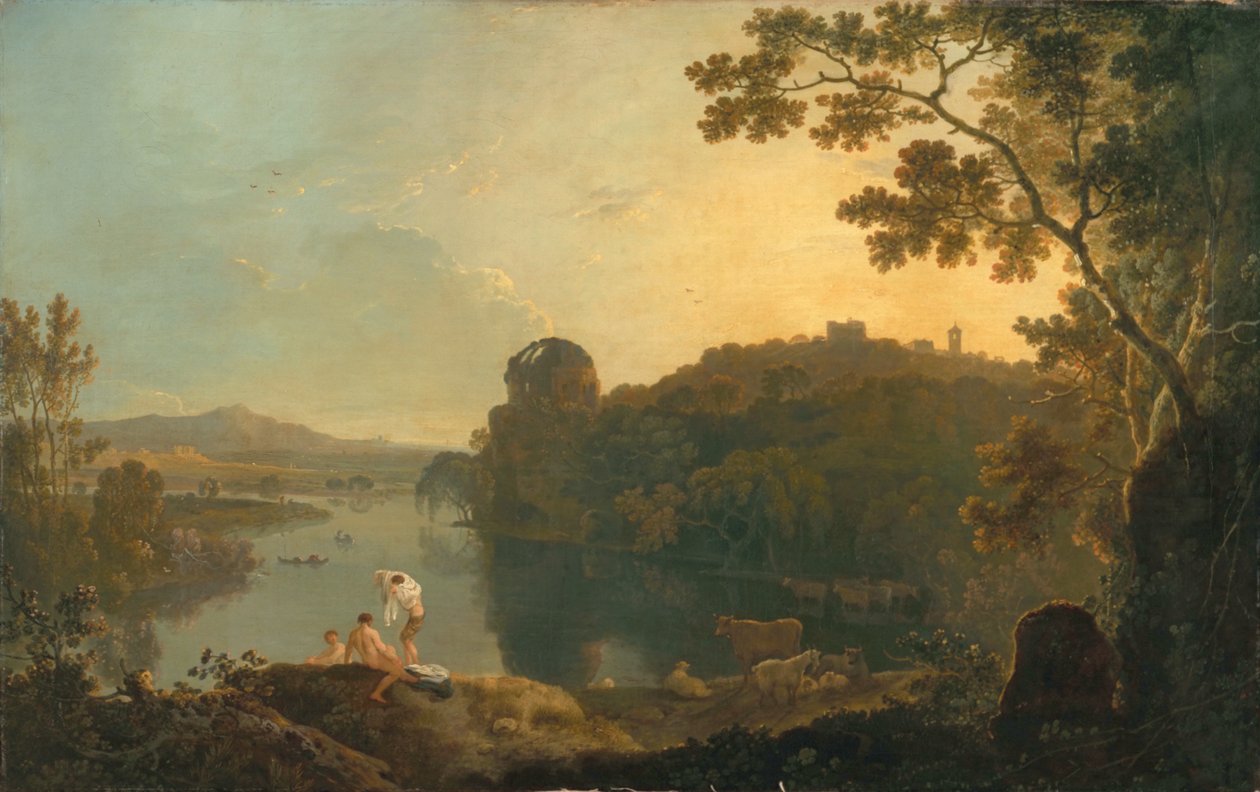 Flodscene: badende og kvæg, ca. 1763-65 (olie på lærred) af Richard Wilson