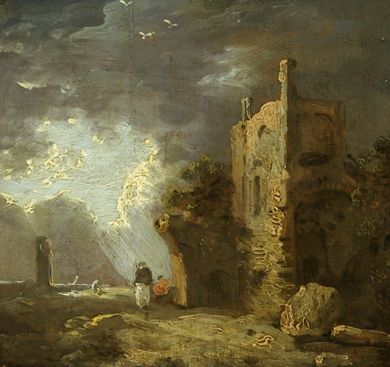 Ødelagt tårn med figur, ca. 1770-79 (olie på lærred) af Richard Wilson