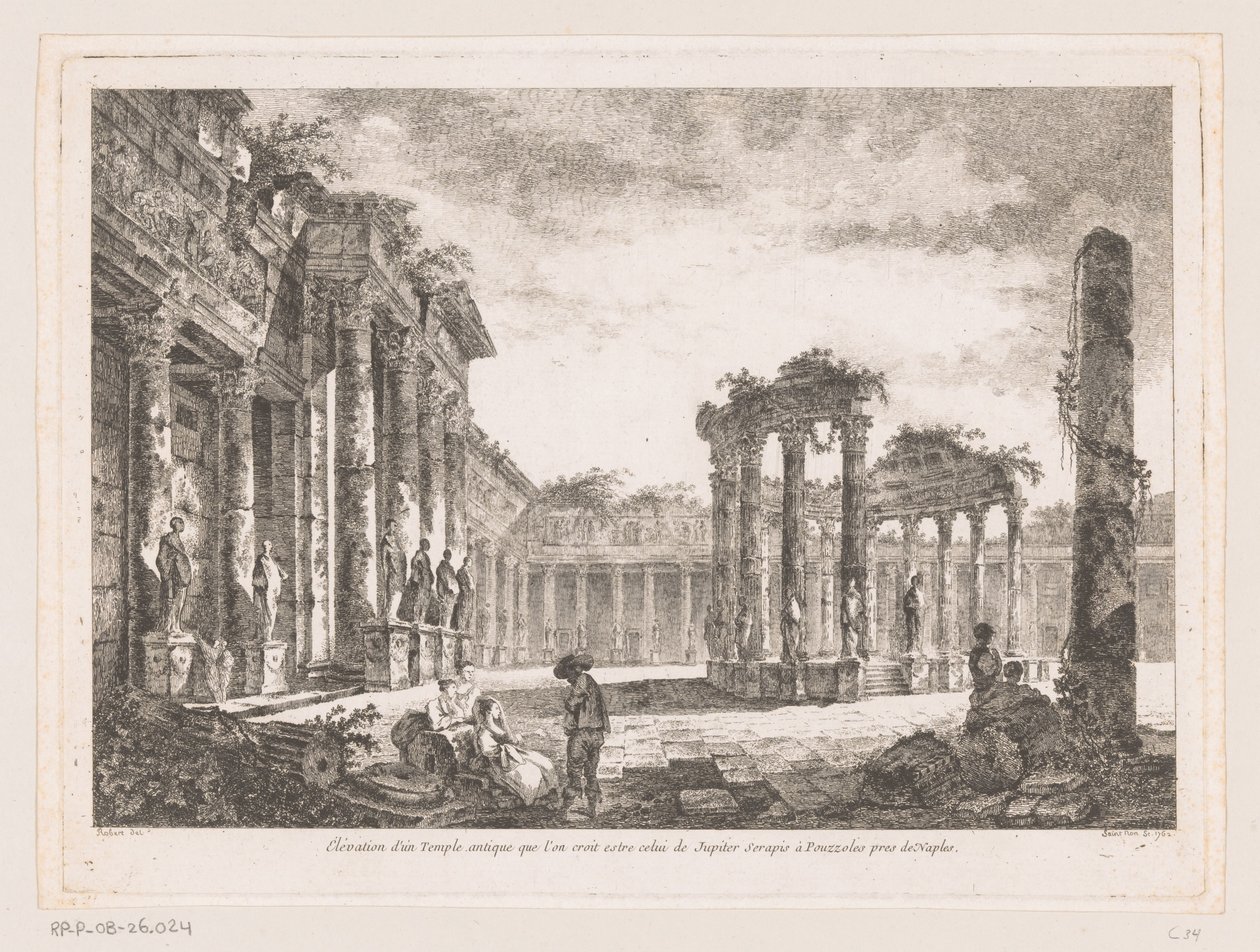Gezicht op de Tempel af Jupiter Serapis Højde af et gammelt tempel, der menes at være det af Jupiter Serapis ved Pozzuoli nær Napoli (titel på objektet) af Richard de Saint Non
