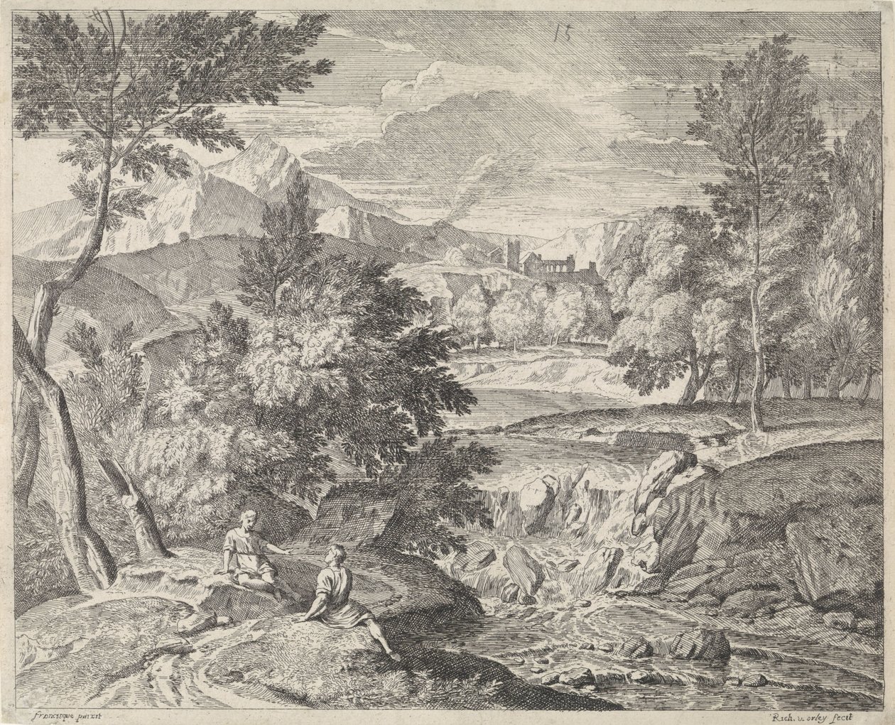 Arkadisk landskab med to figurer ved et vandfald af Richard van Orley (II)