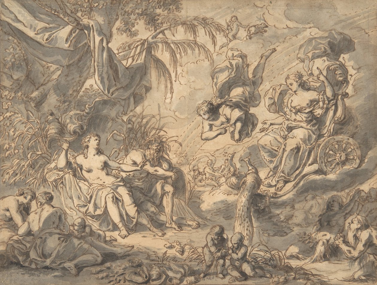 Juno på sin vogn på besøg hos en ung kvinde og en flodgud, slutningen af det 17.-midten af det 18. århundrede. af Richard van Orley