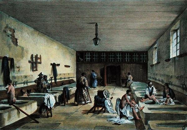 Officersbadene på Militærhospitalet i Bourbonne les Bains, midten af det 19. århundrede (farvet indgravering) af Richoux (after)