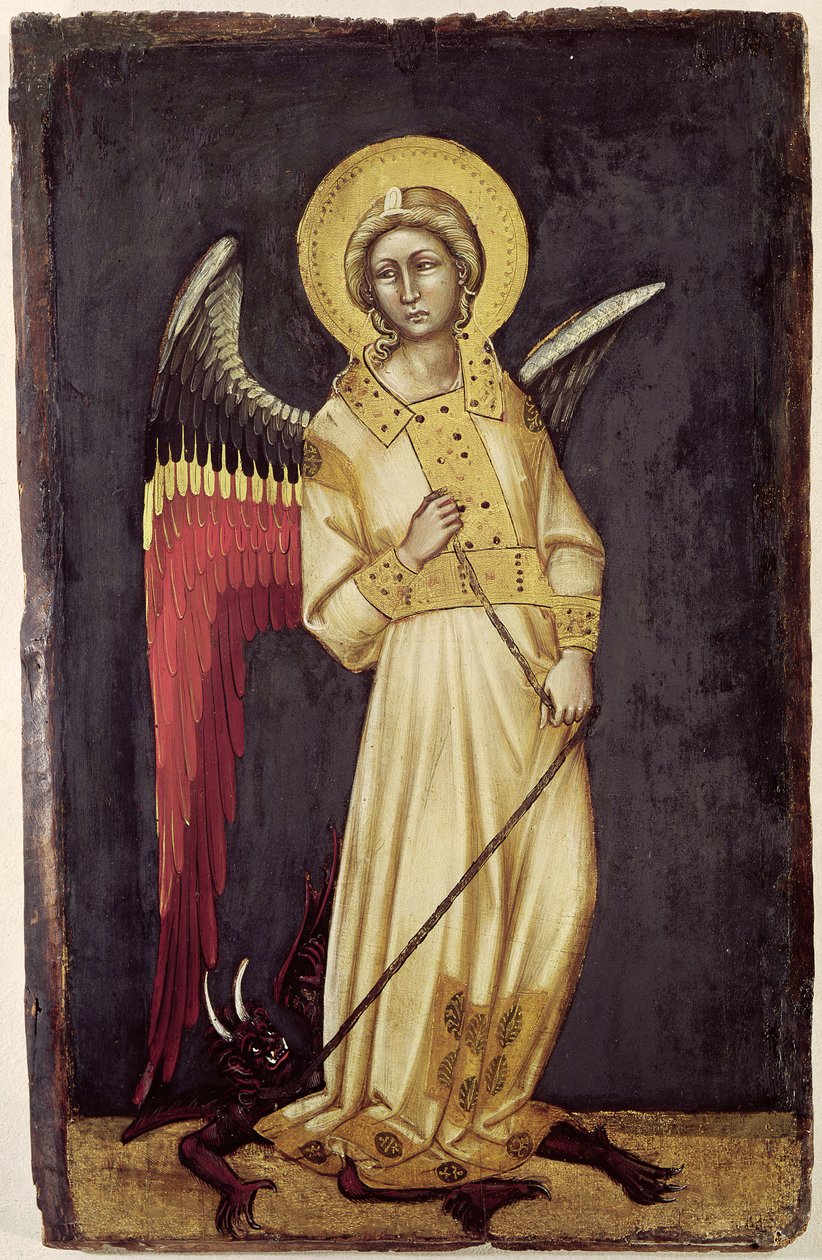 En engel med en dæmon på en kæde (tempera på panel) af Ridolfo di Arpo Guariento