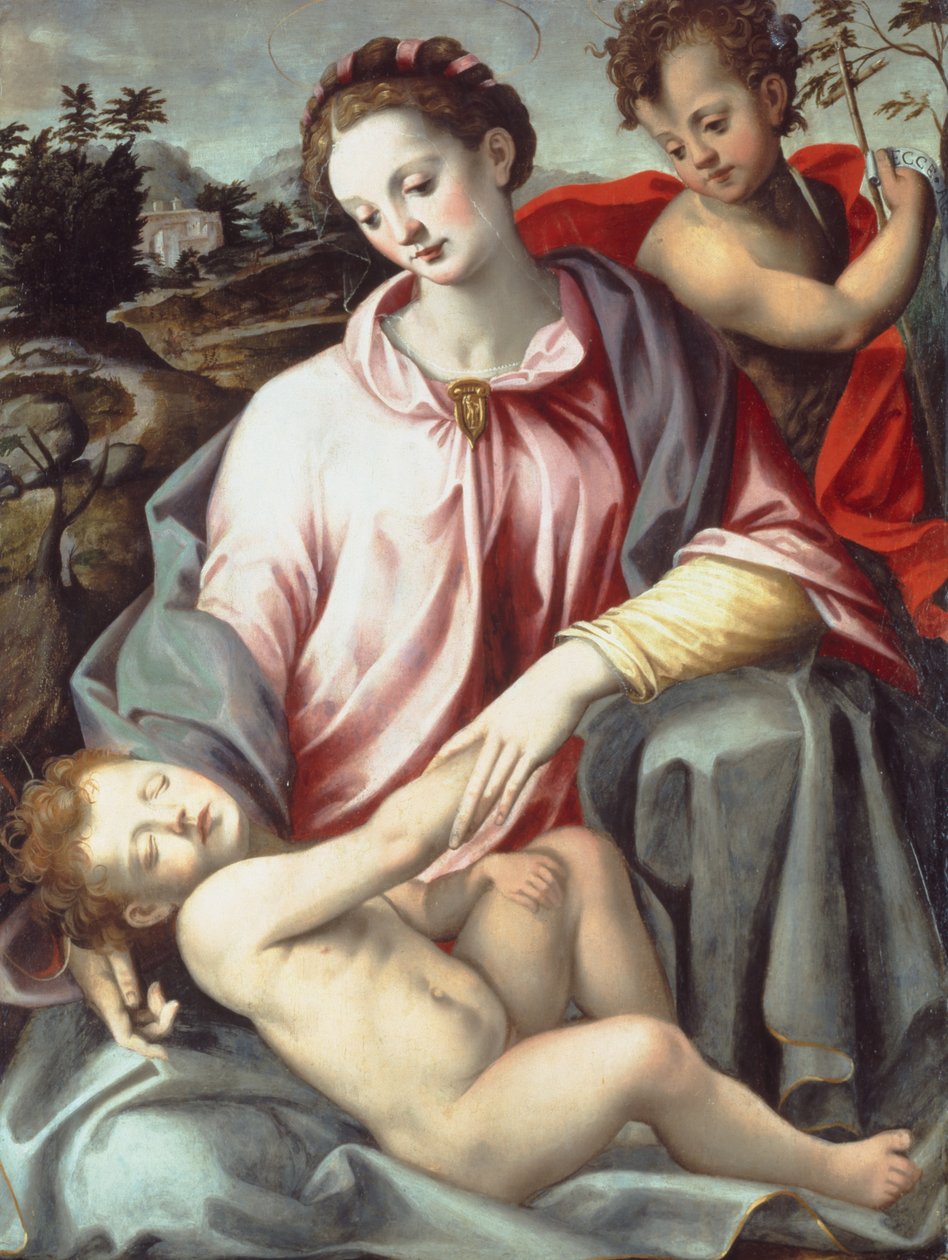 Madonnaen og barnet med spædbarnet Sankt Johannes Døberen (olie på panel) af Ridolfo Ghirlandaio