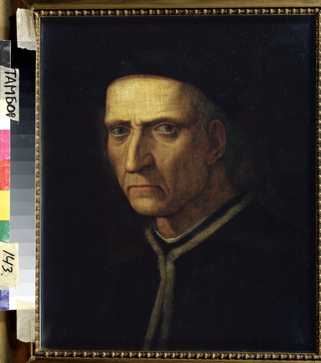 ""Portræt af en mand"". Mand klædt i sort har et ondt udseende eller et strengt (seriøst) udtryk. Maleri af Ridolfo Ghirlandaio (1483-1561) 1500-tallets regionale kunstgalleri, Tambov, Rusland af Ridolfo Il  Ghirlandaio