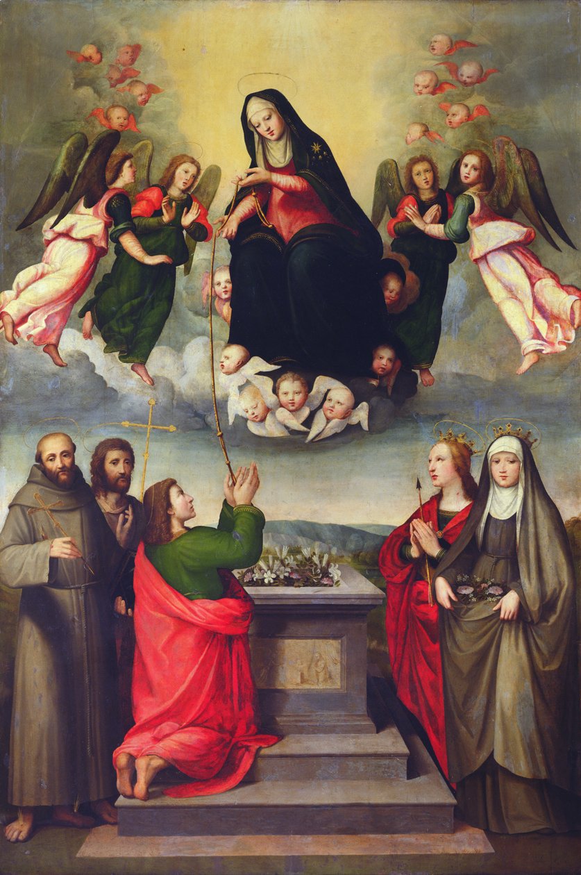 Jomfruen af den hellige bælte med SS. Thomas, Frans, Johannes Døberen, Ursula og Elizabeth af Ungarn af Ridolfo , Il Ghirlandaio