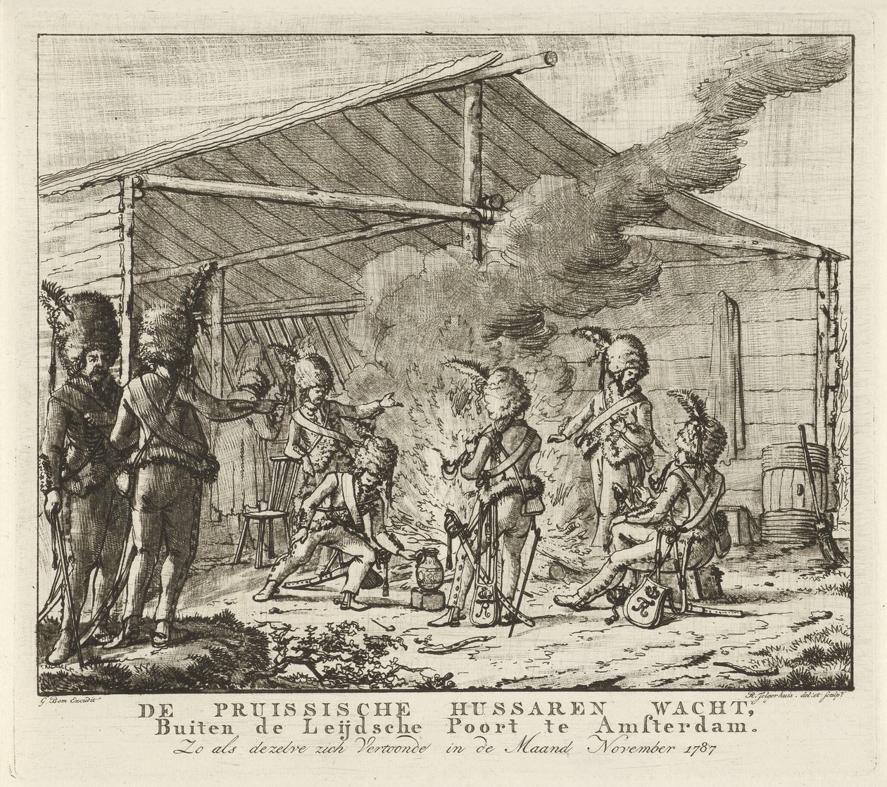 De preussiske husarer venter ved Leidse Poort i Amsterdam, 1787 De preussiske husarer venter, Udenfor Leijdsche Poort i Amsterdam (...) (titel på objektet) af Rienk Jelgerhuis