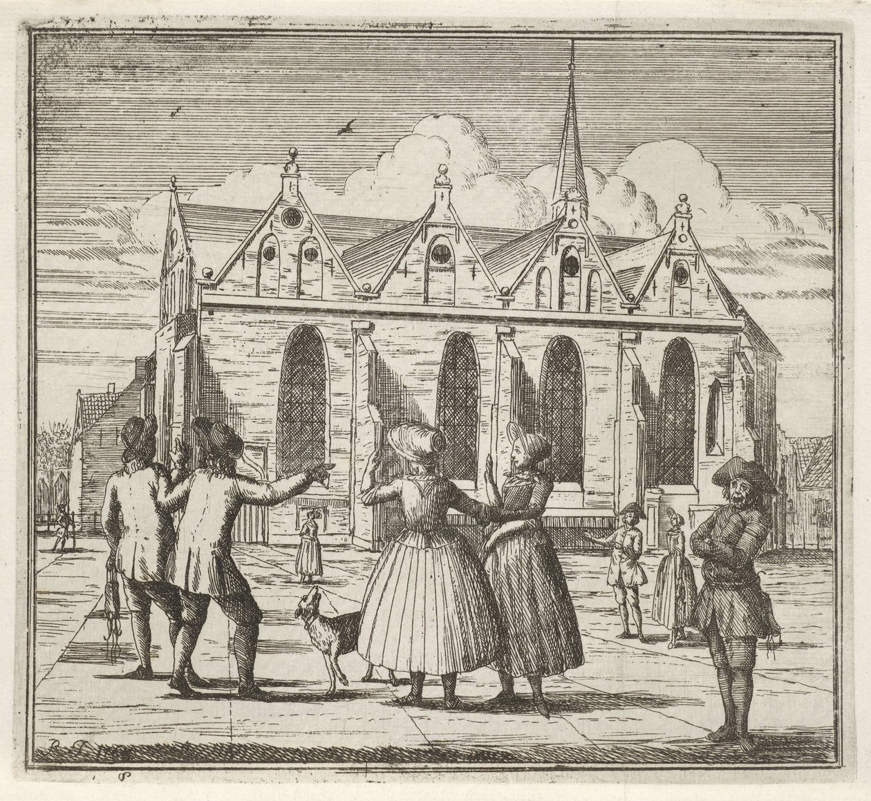 Mænd og kvinder på en plads nær Grote Kerk i Leeuwarden Vinteren. (serietitel) Vinterscener (serietitel) af Rienk Jelgerhuis