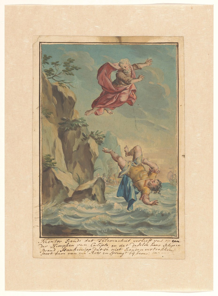 Mentor kaster Telemachus ned fra en sten og hopper efter ham Telemachus-serien (serietitel) af Rienk Keyert
