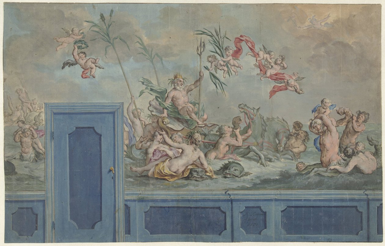 Design til en vægdekoration med Neptun og hans følge af Rienk Keyert