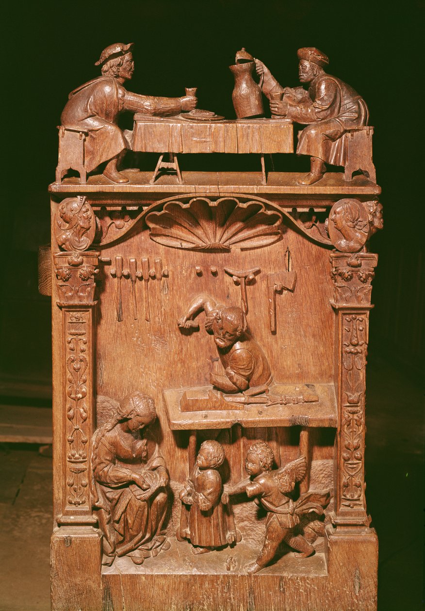 Korboder, der viser (over) Rigoley-brødrene og (under) værkstedet i Nazareth, 1526 (træ) af Rigoley Brothers