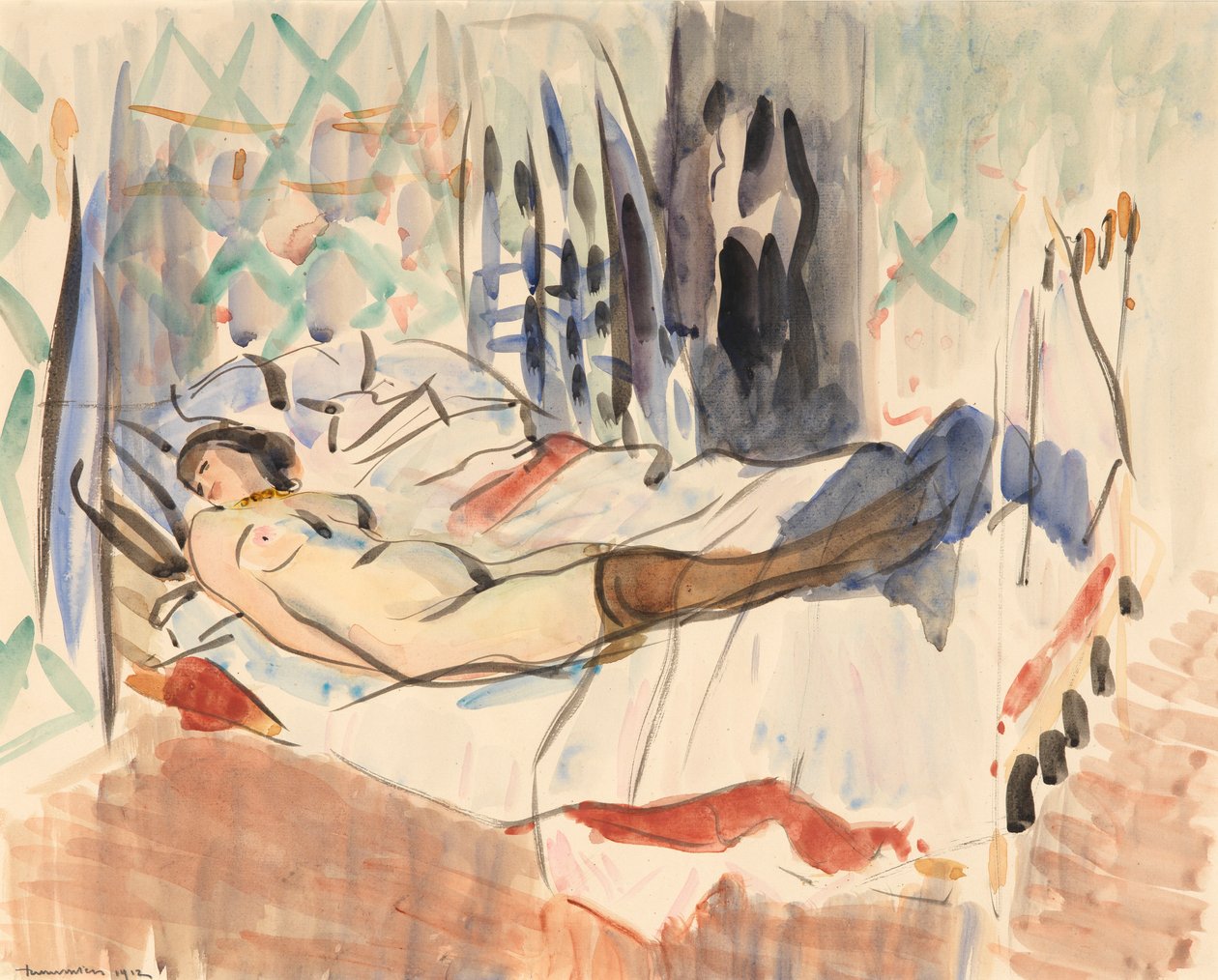 Kvinde hviler (akvarel på papir) af Rik Wouters