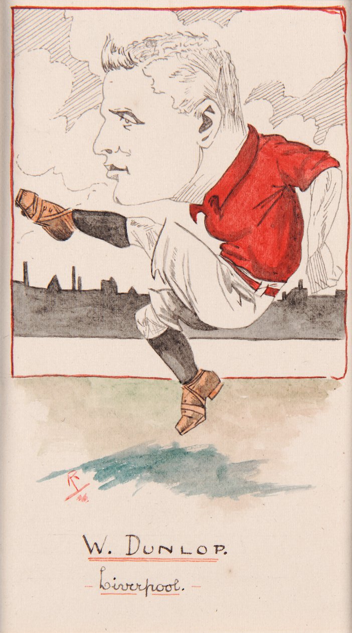 Billy Dunlop, Liverpool, tegning til et sæt cigaretkort, 1907 (pen og blæk på kort) af Rip