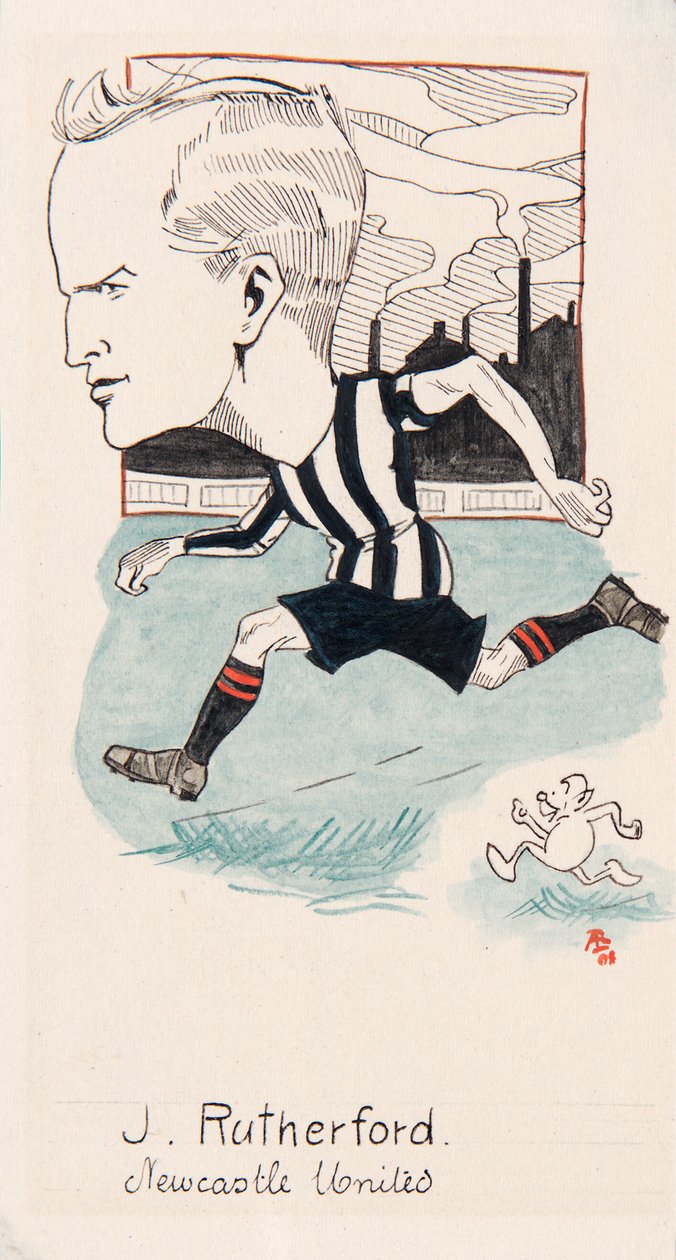 Jock Rutherford, Newcastle United, tegning til et sæt cigaretkort, 1907 (pen og blæk på kort) af Rip