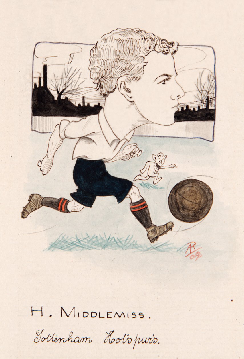 Bert Middlemiss, Tottenham Hotspur, tegning til et sæt cigaretkort, 1907 (pen og blæk på kort) af Rip