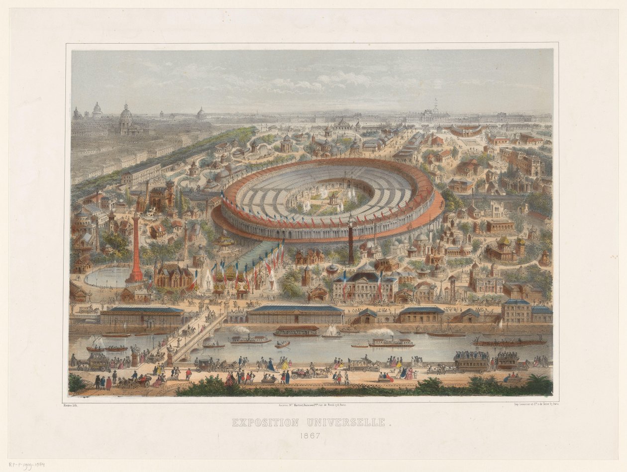 Fugleperspektiv af verdensudstillingen i 1867 i Paris Udstilling Universelle. 1867 (titel på objekt) af Rivière