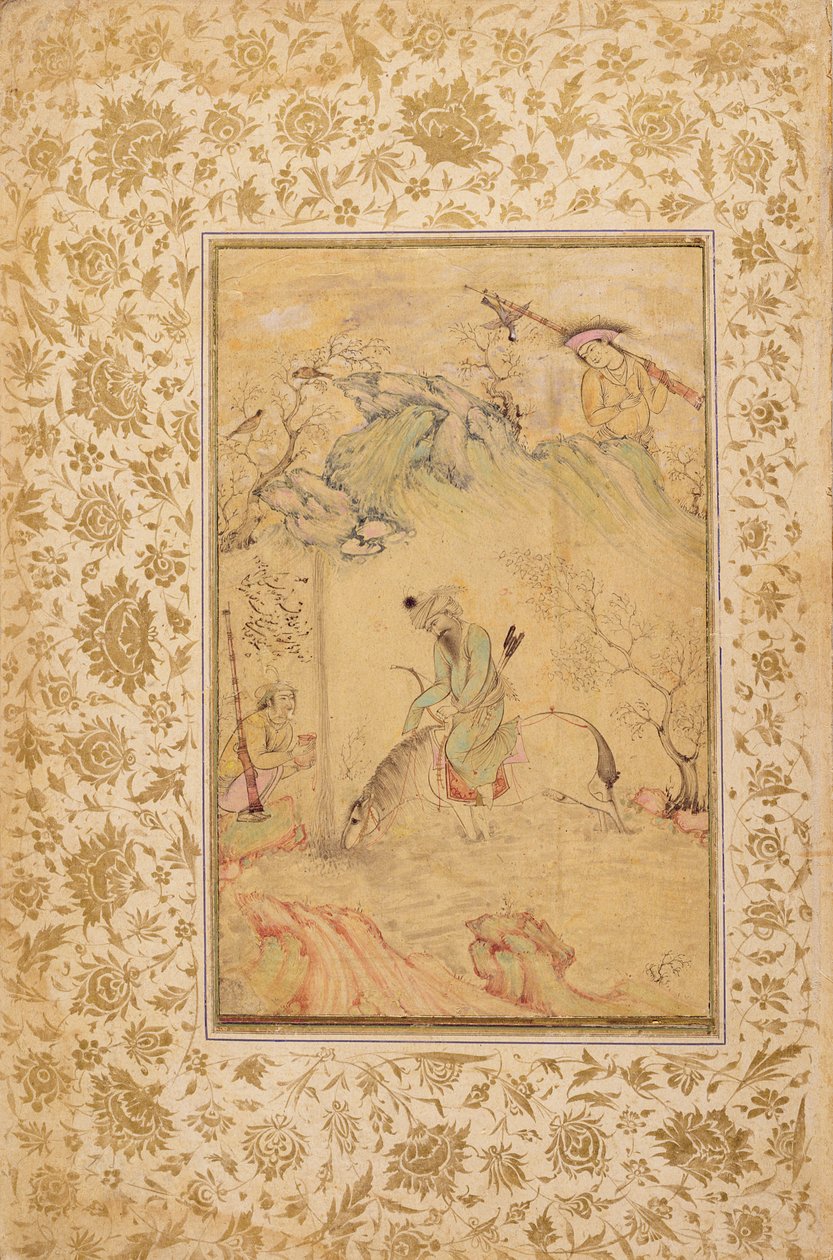 Hunters in a Landscape, ca. 1615 (blæk, wc og guld på papir) af Riza i Abbasi