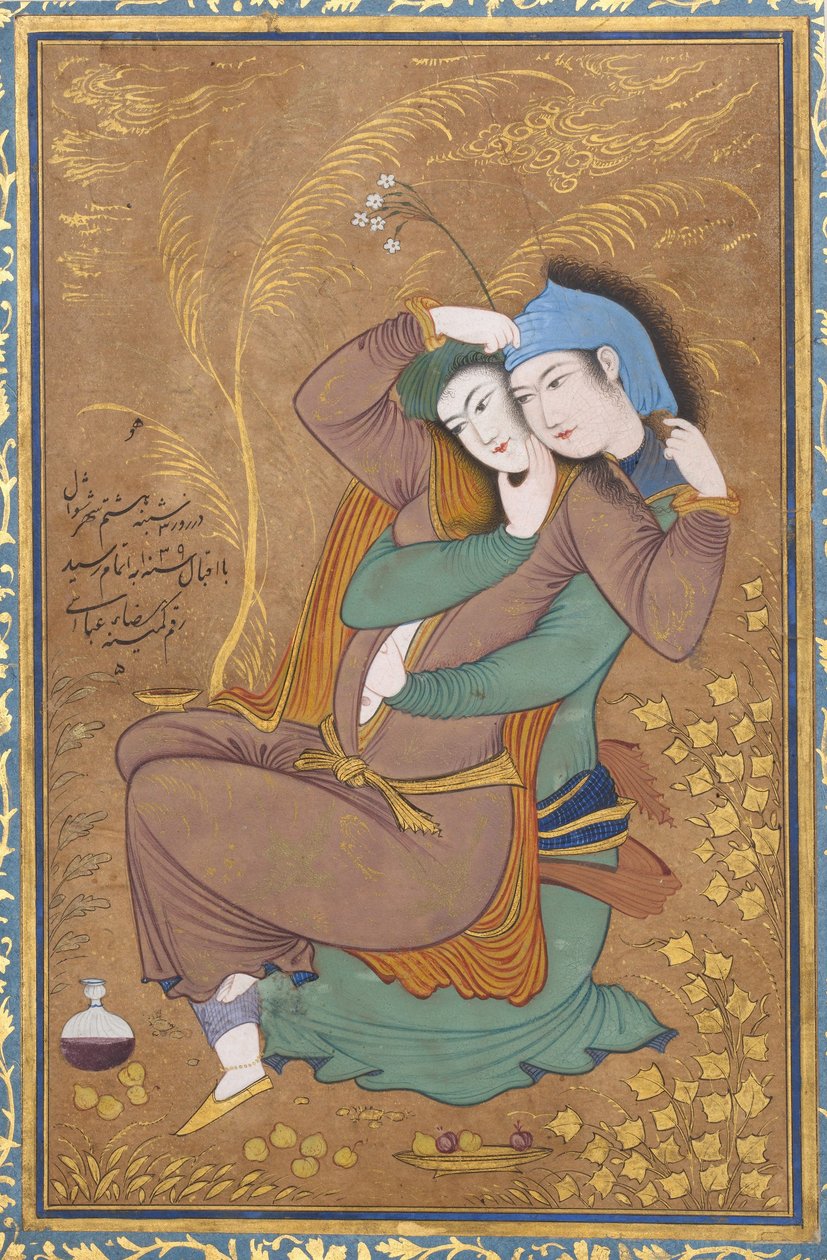 The Lovers, ca. 1630 (akvarel, blæk og guld på papir) af Riza i Abbasi
