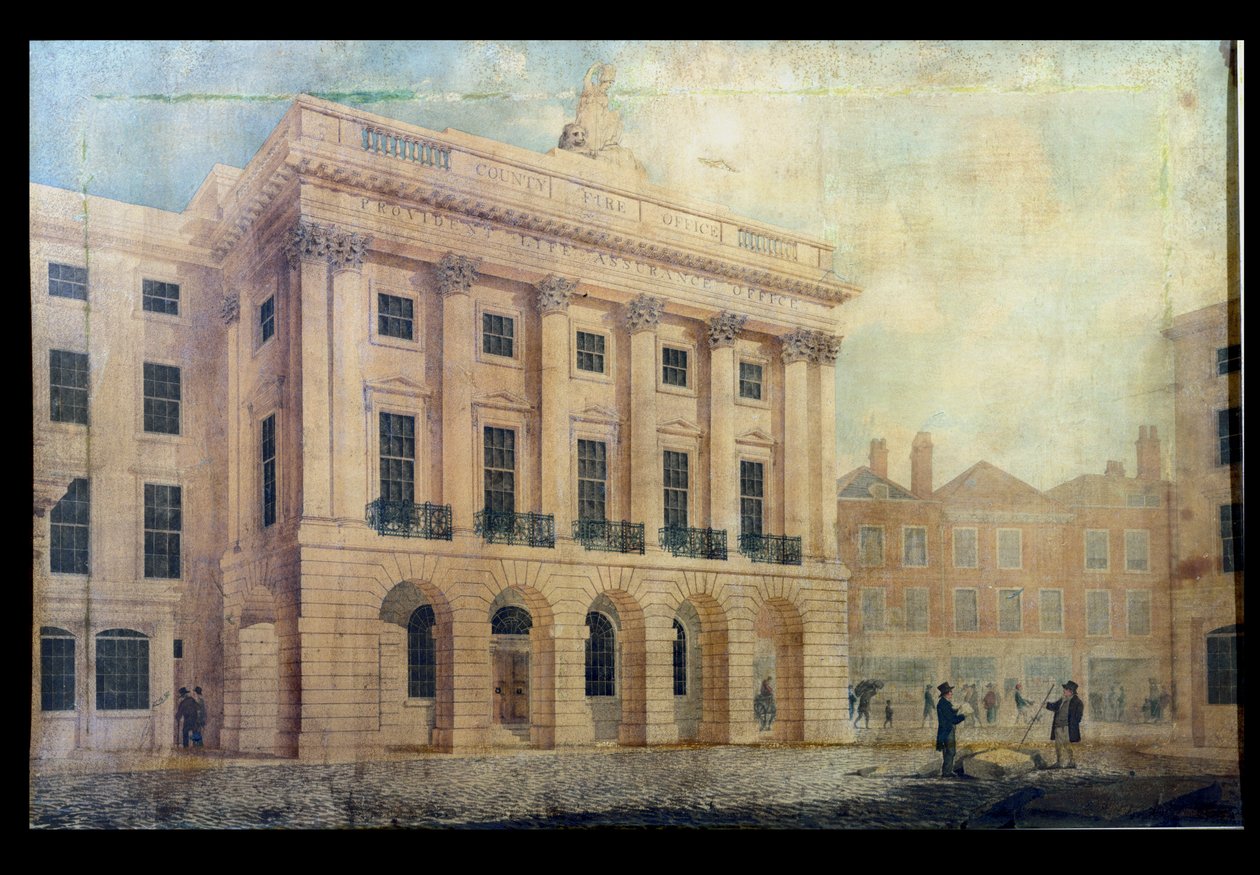 County Fire Office på Regent Street, London, 1819 (pen & blæk og wc på papir) af Robert Abraham