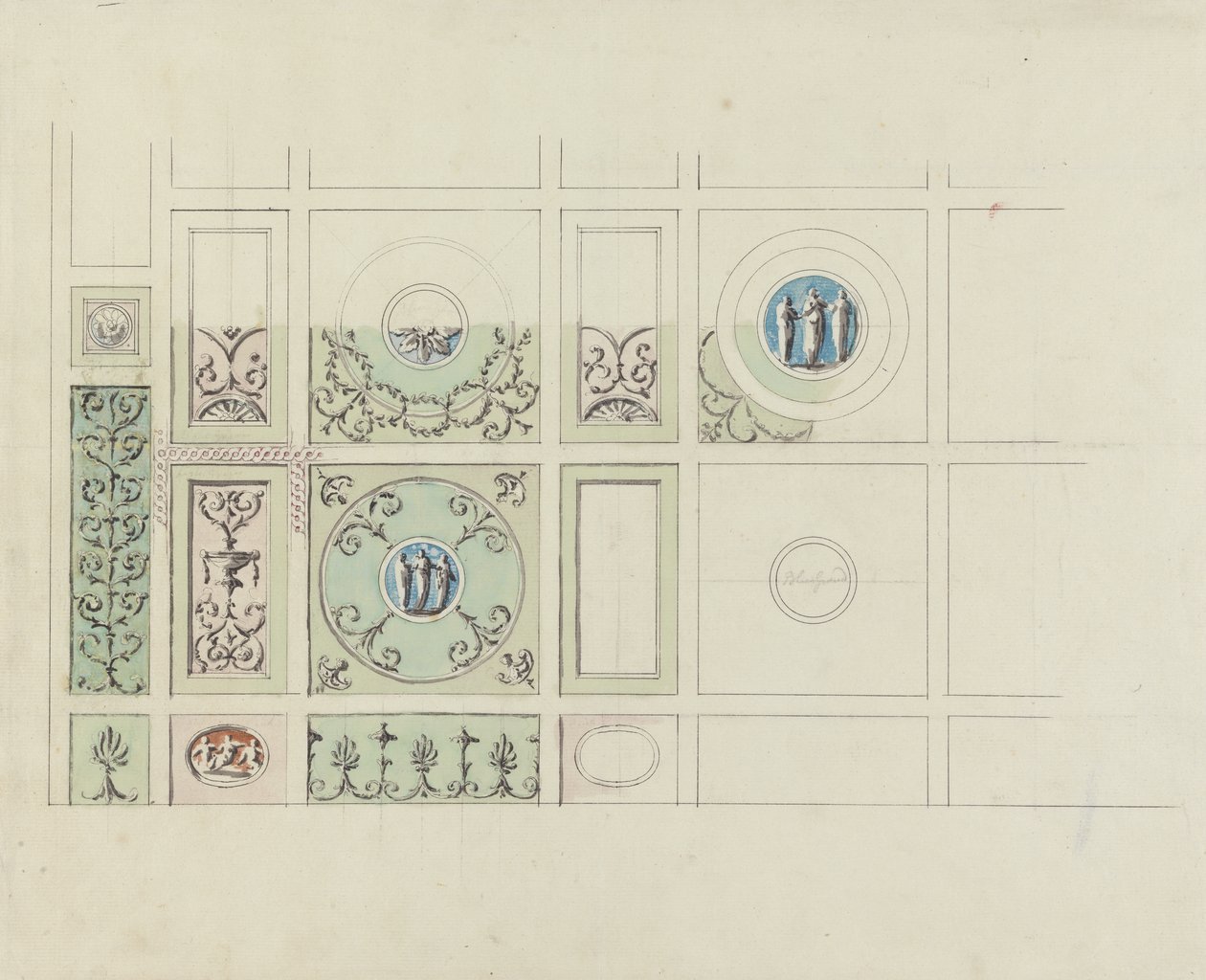 Design til loftet i spisestuen, Headfort House (wc, grå vask og pen & sort blæk over grafit på papir) af Robert Adam