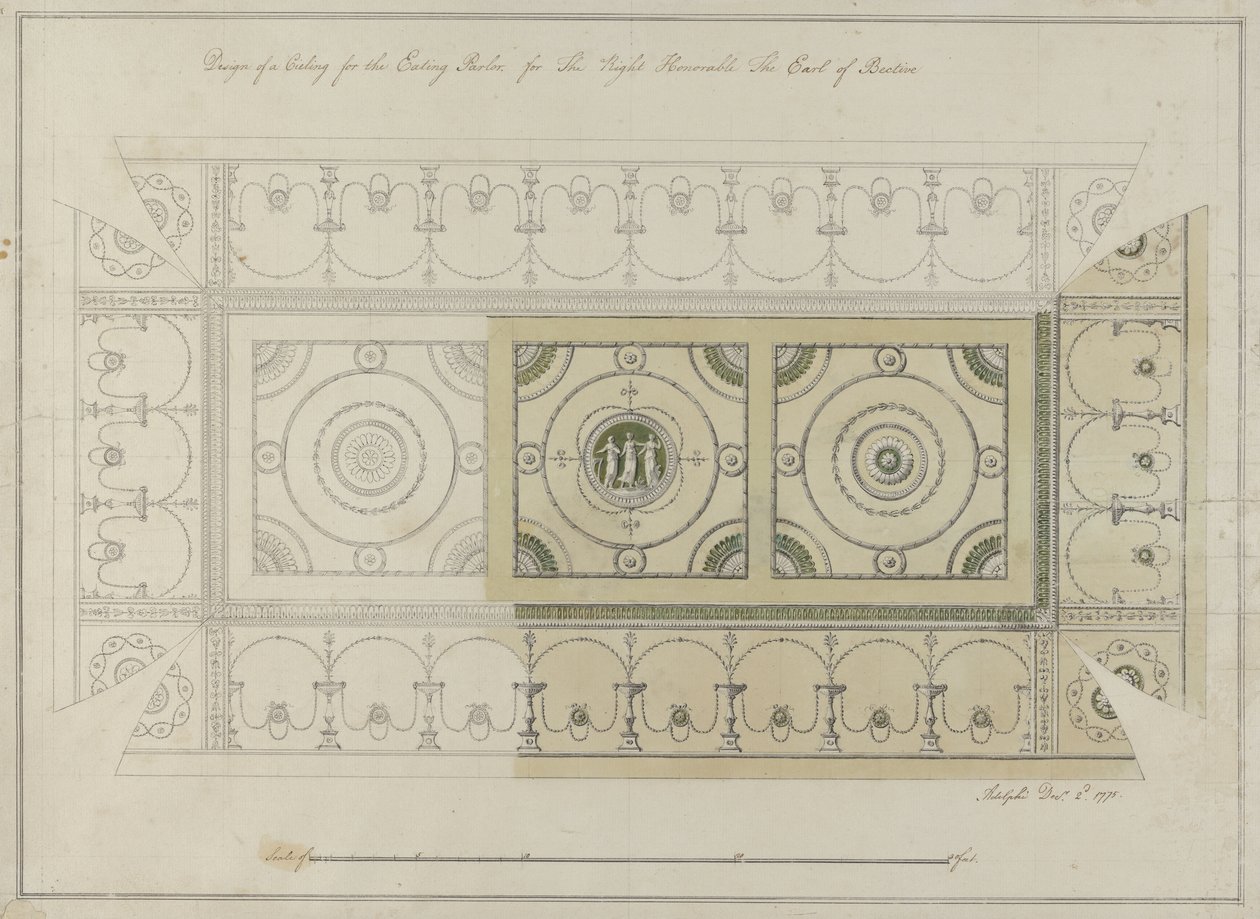 Design til loftet i spisestuen, Headfort House, 1775 (pen & blæk med wc på lagt papir) af Robert Adam