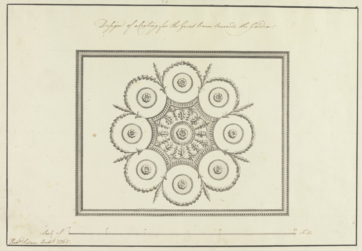 Design til loftet i Great Room, Langford House, 1765 (pen, sort & brun blæk med grå vask på papir) af Robert Adam