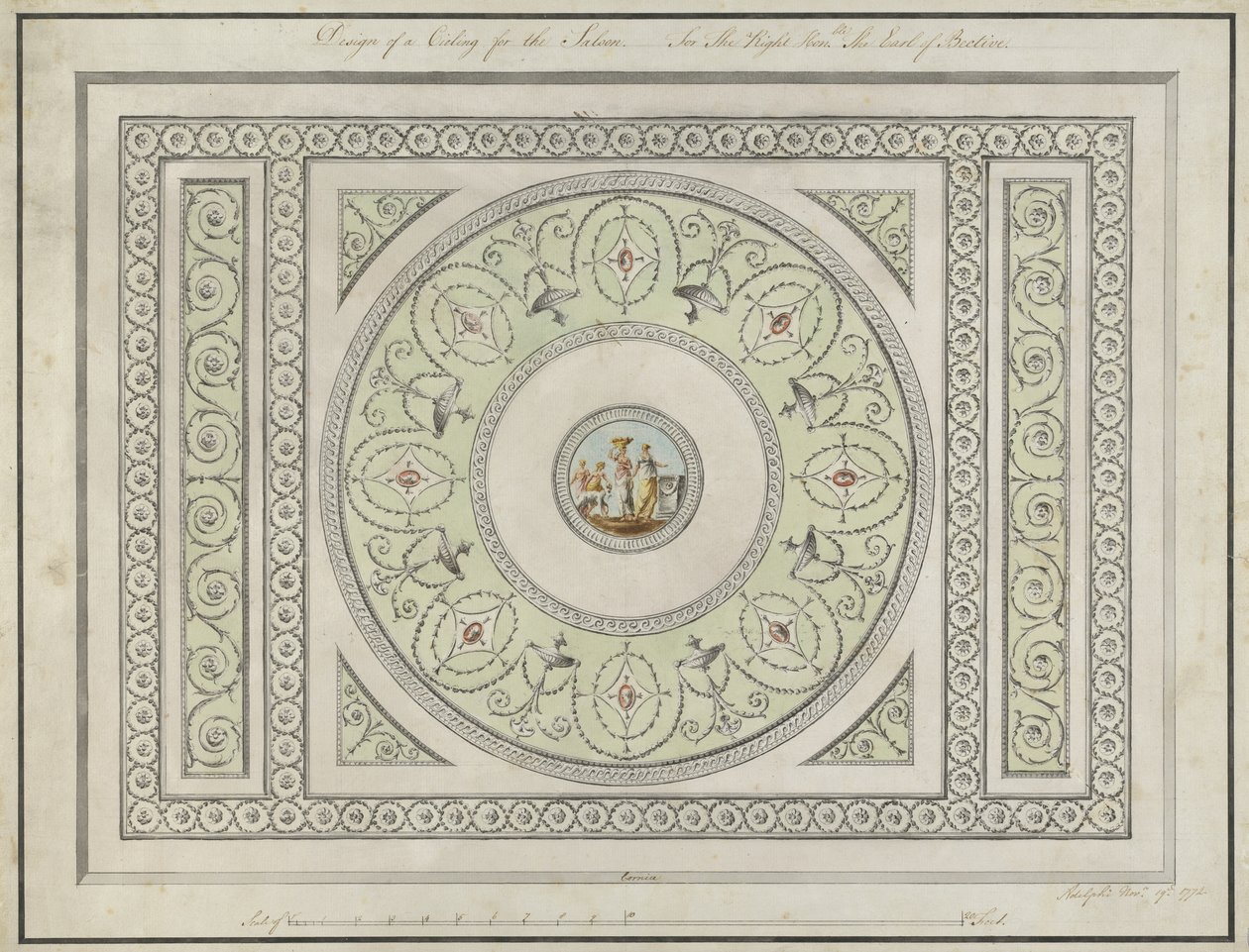Design til loftet i Saloon, Headfort House, 1772 (pen, sort & brun blæk & wc på lagt papir) af Robert Adam