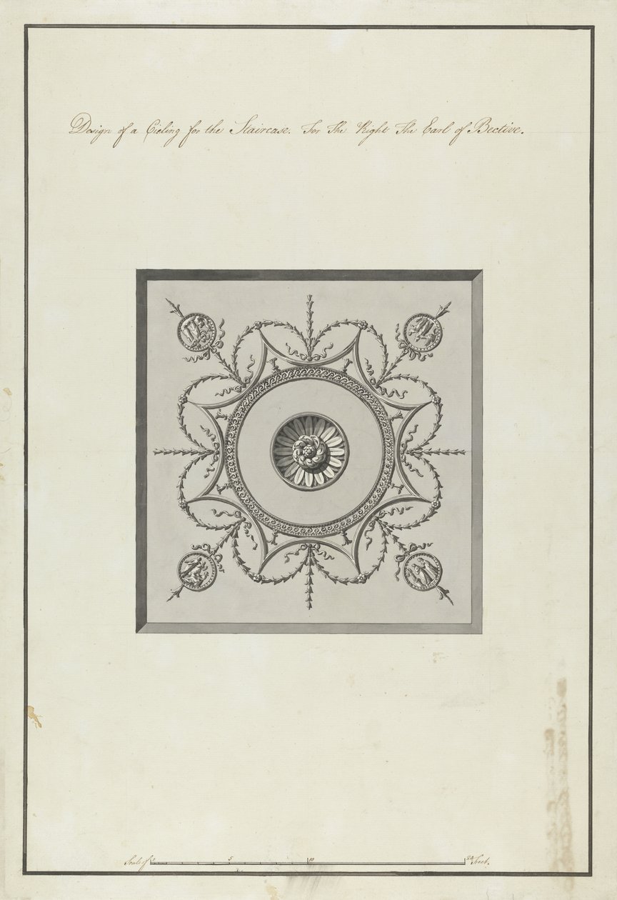 Design til loftet på trappen, Headfort House, 1771-75 (pen & sort blæk med grå & sort vask på papir) af Robert Adam
