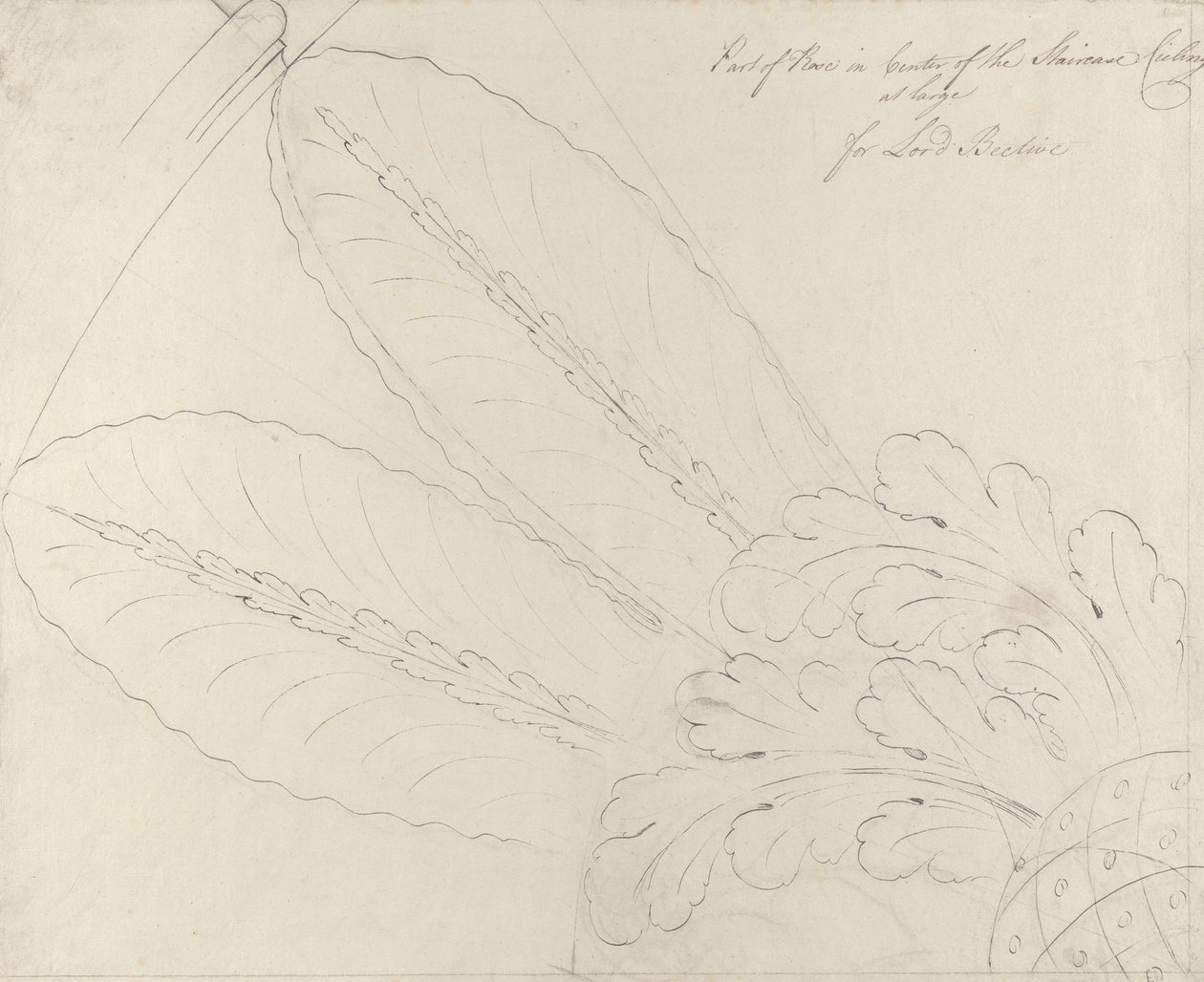 Design til loftrosen på trappen, Headfort House, 1772 (pen & sort blæk og grafit på lærred) af Robert Adam