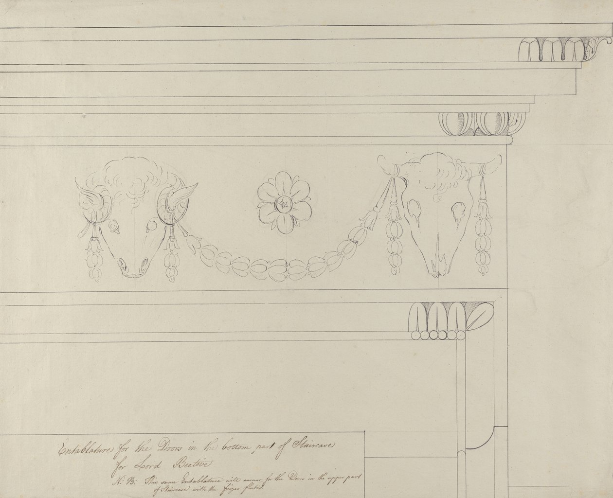 Design til trappeentablaturen, Headfort House (pen & sort blæk med grafit på lagt papir) af Robert Adam