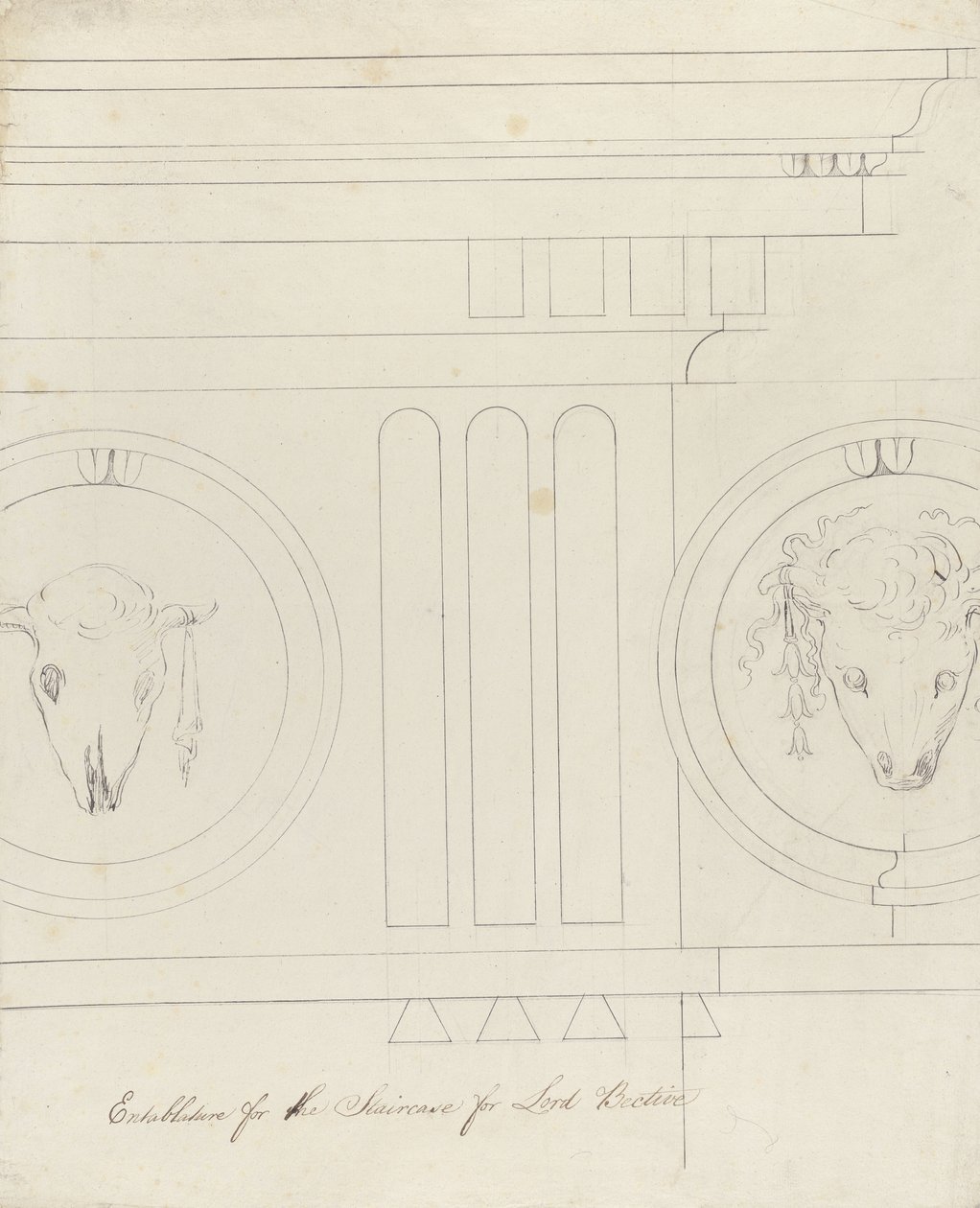 Design til trappeentablaturen, Headfort House, 1772 (pen og blæk på lagt papir over linned) af Robert Adam
