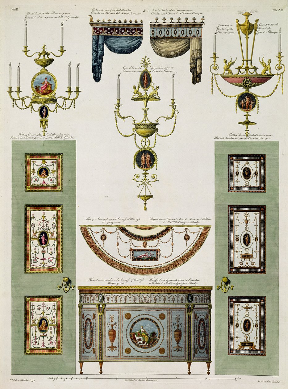 Tegninger til gardingesimser, girandoler og foldedøre, 1774 (tryk) (se 61958 for detaljer) af Robert Adam