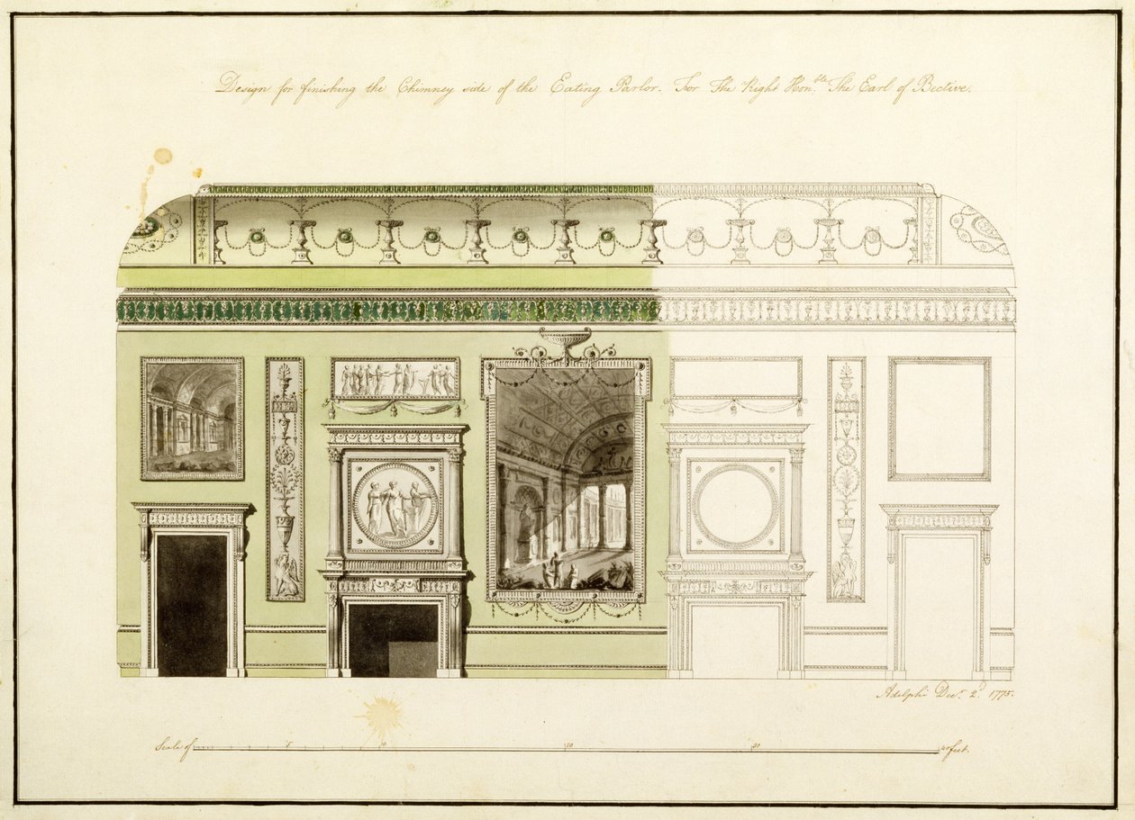 Headfort House, spisestue, skorstensstykke, 1775 (wc, pen og blæk på papir) af Robert Adam
