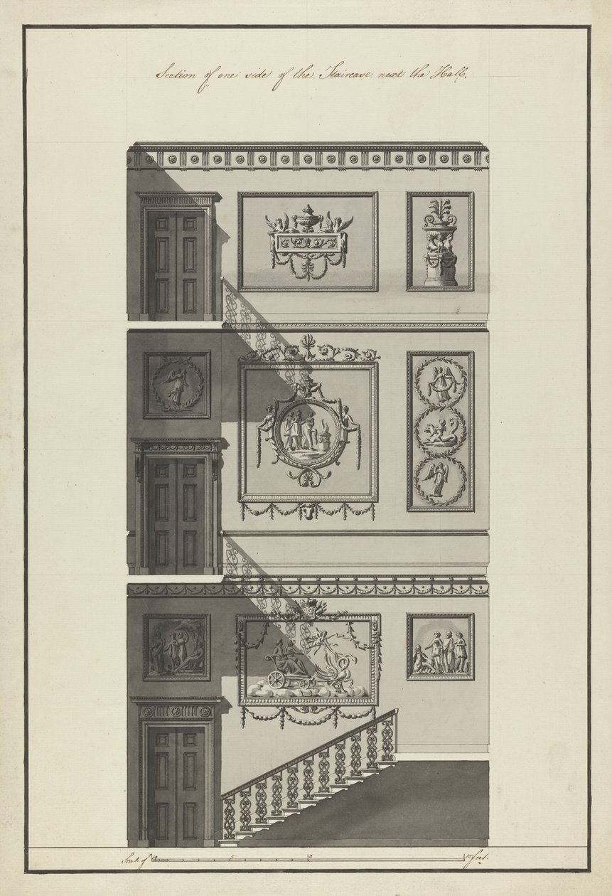 Hovedfort Hus. Trappe, sidesektion, 1775 (pen & blæk og wc vask på papir) af Robert Adam