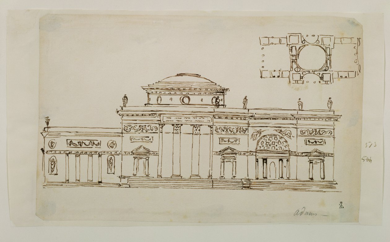 Skitseret design til en kuppelbygning (pen og blæk) af Robert Adam