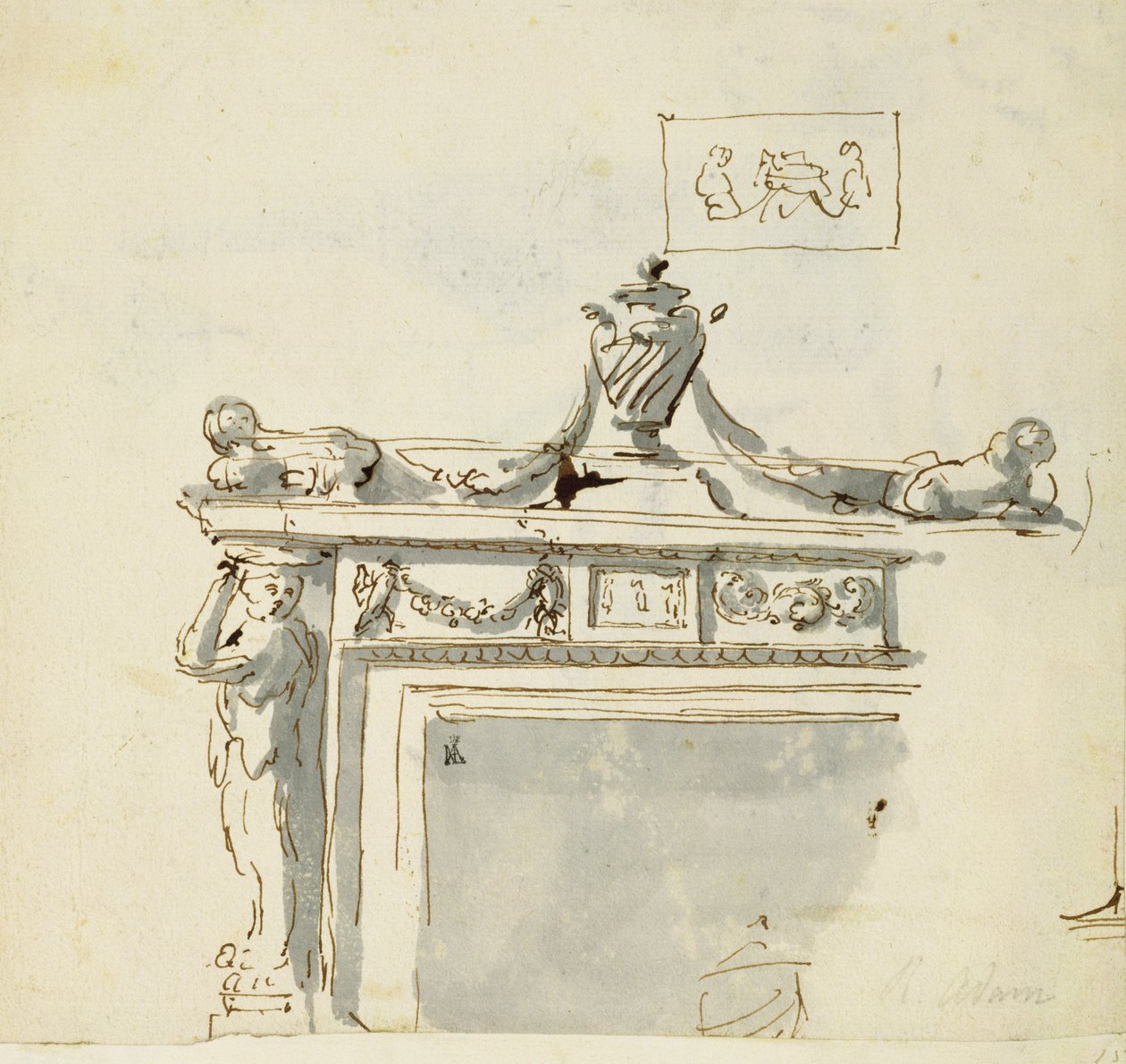 Skitseret design til en pejs (pen og blæk og vask) af Robert Adam