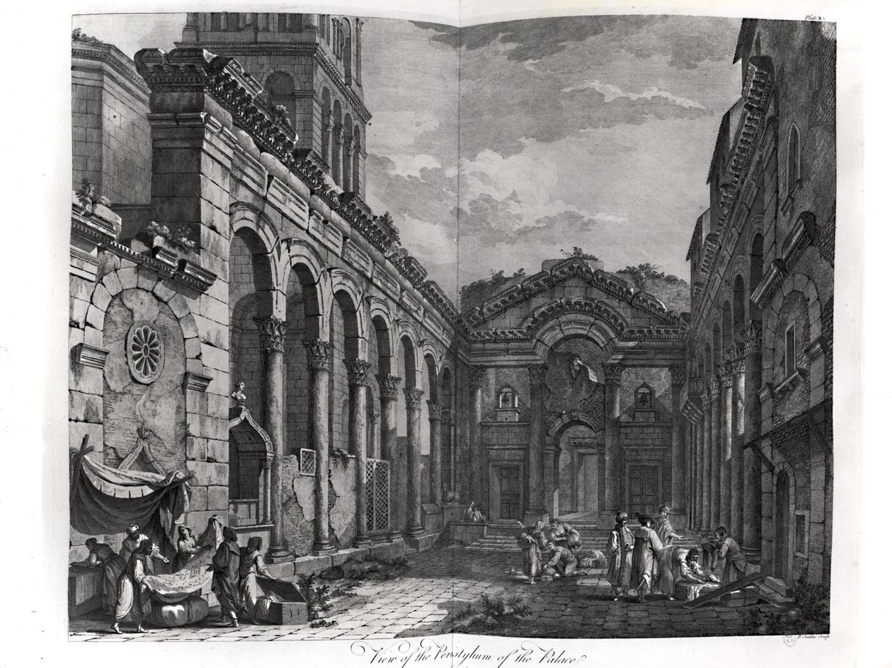 Udsigt over peristyle af Diocletians palads (245-313), romersk kejser 284-305, ved Split på den dalmatiske kyst, indgraveret af P. Santini, 1768 af Robert Adam