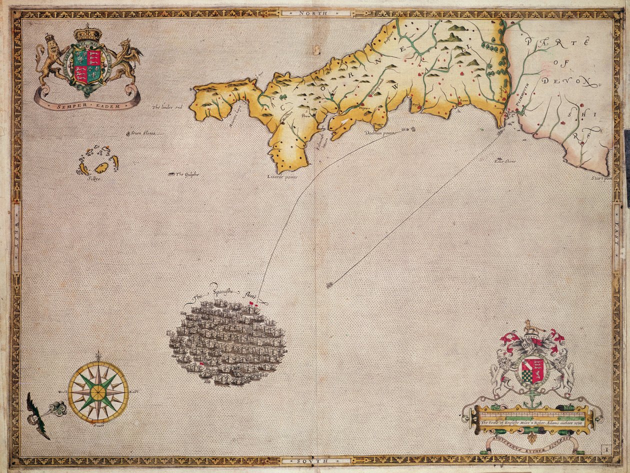 Kort nr. 1, der viser Armada-flådens rute, indgraveret af Augustine Ryther, 1588 af Robert Adams